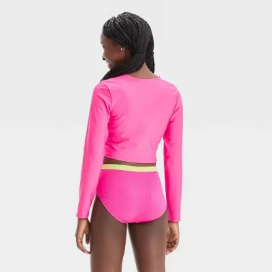 Girls' 3pc Ribbed Colorblock Cropped Rash Guard Swimwear Set - art class&trade; Pink image {3}