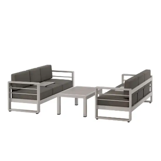 GDFStudio Ava Outdoor Aluminum and Glass 6 Seater Sofa Chat Set with Cushions, Silver/Gray image {9}