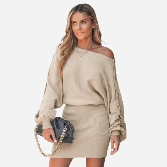 Women's Rib Buttoned One-shoulder Mini Sweater Dress - Cupshe image {7}