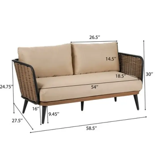 Christopher Knight Home Bobby 58" Patio Rustic Iron and Rattan Loveseat with Cushions image {2}