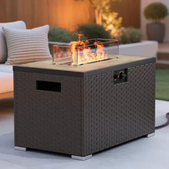 Evita 31.5" Rectangle Outdoor Fire Pit Table with 40,000 BTU Output with Windshield, Glass Stones, Waterproof Cover image {1}