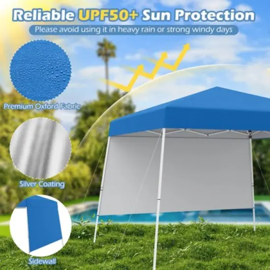 Costway 10 X 10FT Pop up Canopy Tent with 1 Sidewall, Portable Backpack, 4 Stakes Slant Leg Blue/White/Pinl/Gray image {6}