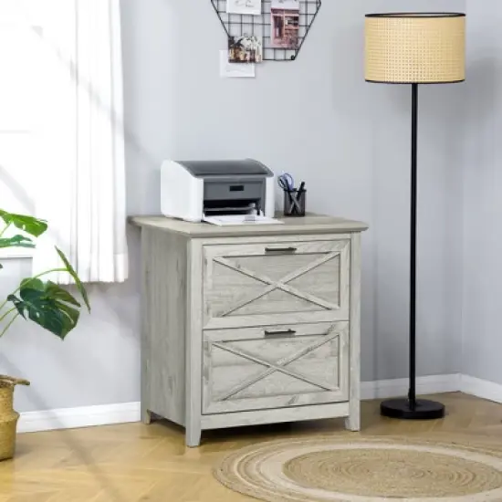 HOMCOM Retro Wooden 2-Drawer Lateral File Chest Cabinet Pedestal for Document Storage with Hanging Bar for Letter/Legal Size, gray image {2}