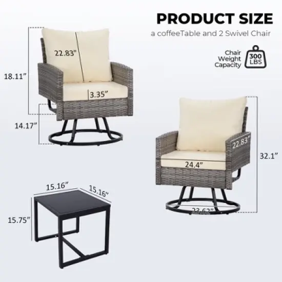 3-Piece Wicker Patio Furniture Set, Rattan Swivel Chairs with Coffee Table, Outdoor Seating for Porch, Balcony, or Garden &ndash;Wicker with Cushions image {7}