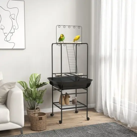 PawHut Bird Stand with Wheels, Perches, Stainless Steel Feed Bowls, Pull-Out Tray, Toy Hanger for Indoor Outdoor Small Parrot, Dark Gray image {1}