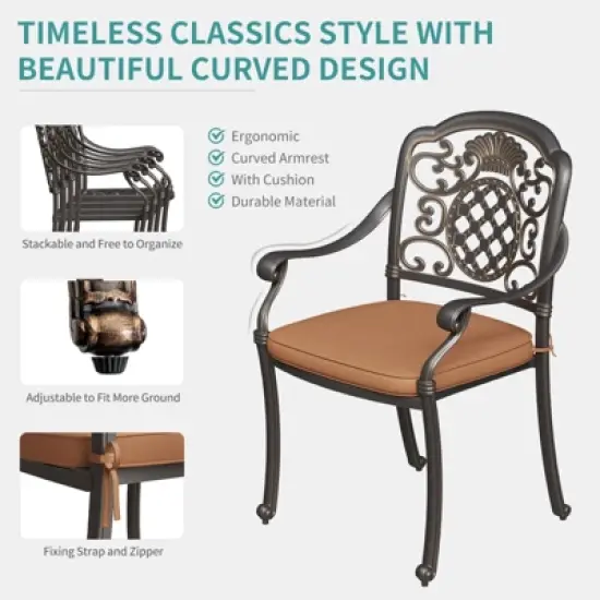 59" Cast Aluminum Outdoor Dining Set, All-Weather Table & Chairs w/Removable Cushions & Umbrella Hole for Patio, Garden, Porch image {4}