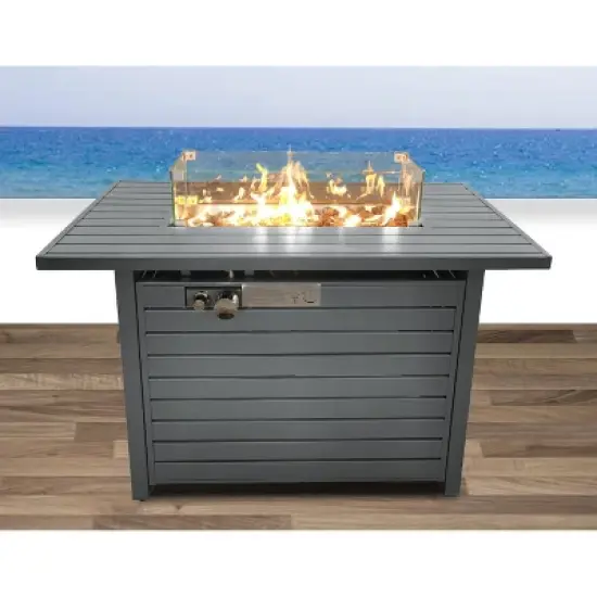 11'' H x 42'' L Steel Propane Outdoor Fire Pit Table with Lid, Modern Slatted Design for Patio, Backyard, and Outdoor Gatherings image {1}
