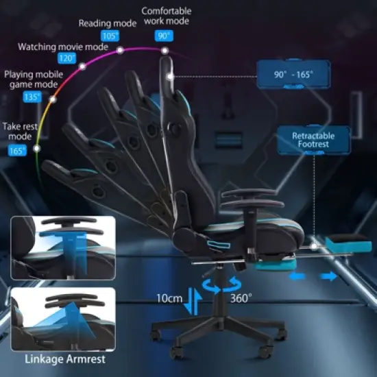 Hoffree Massage Reclining Gaming Chair Ergonomic Office PC Chair with Bluetooth Speaker & RGB Light image {5}
