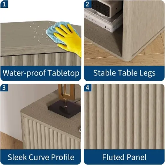 Fluted Nightstands Set 2, Side Tables, Modern Mid Century End Table with Drawer, Farmhouse Bed Side Tables for Bedroom Living Room Sofa Couch, Grey image {4}