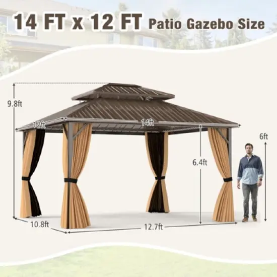 Tangkula 14 x 12 FT Hardtop Gazebo w/ Netting Heavy-Duty Double-Roof Galvanized Metal Top image {8}