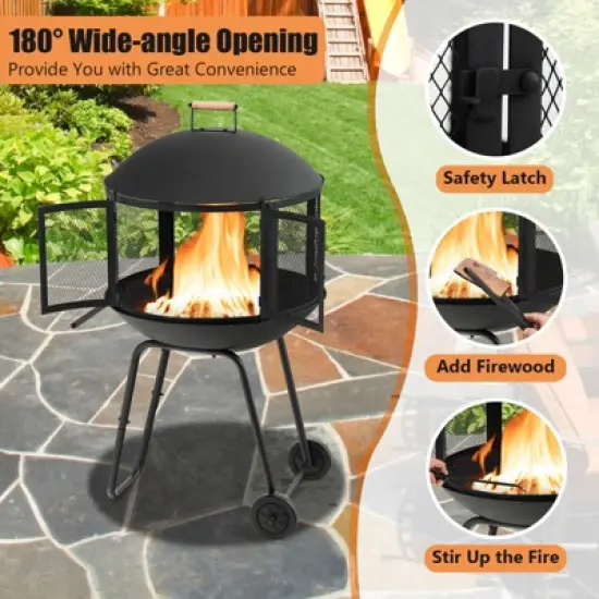 Tangkula Portable Fire Pit w/ Wheels 28" Wood Burning Fire Pit w/ Log Grate Poker Rolling Patio Fireplace Bonfire Firepit for Outdoor Entertaining image {4}