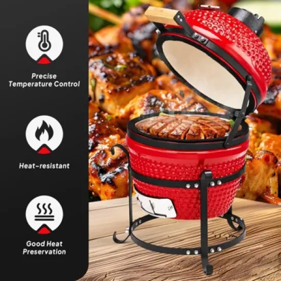 ROVSUN 13IN Red Spherical Ceramic Charcoal Grill with Inner Liner, Portable BBQ Smoker for Outdoor Cooking, Camping, and Backyard Grilling image {4}