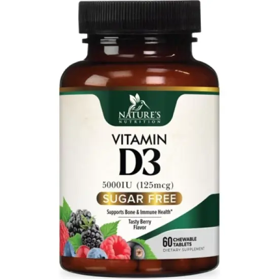 Vitamin D3 5000 IU (125 mcg) - Chewable Vitamin D Supplements for Bone, Teeth, Muscle & Immune Support, Sugar Free, Non-GMO - 60 Tablets image {8}