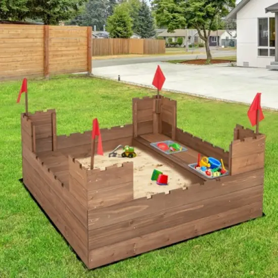 Costway Solid Wood Kids Sandbox w/ 2 Bench Seats, Outdoor Sandpit w/ Storage Box & Flags image {4}