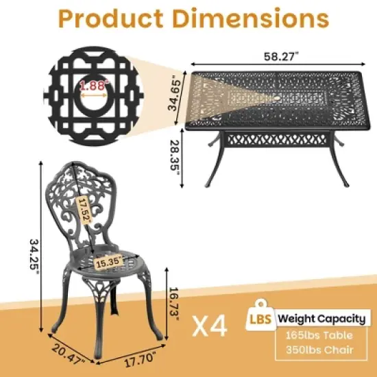 Elegant 5-Piece Cast Aluminum Dining Set - Rectangle Table & Ergonomic Chairs for Garden Patios,All-Weather image {4}