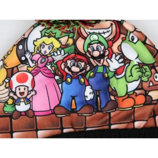 Nintendo Super Mario Multi Character Embroidered Logo Cuffed Pom Beanie Hat Multicoloured image {2}