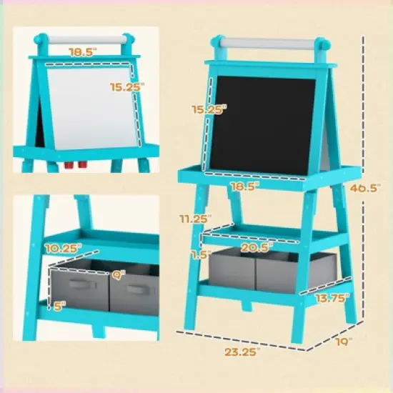 FONTOI Easel for Kids, Double Sided Kids Art Easel with Paper Roll, Chalkboard & Storage, Standing Toddler Easel, Blue, 18.9"*46.5"*23.2" image {2}