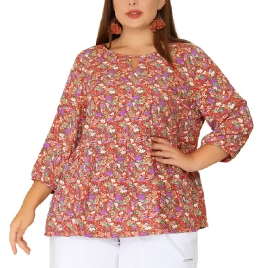 Agnes Orinda Women's Plus Size Keyhole Babydoll Lantern Floral Blouses image {7}