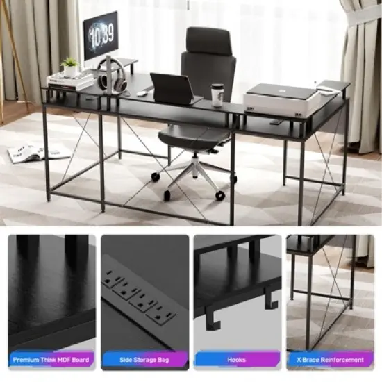 U Shaped Desk, 126 Inch Gaming Desk with Monitor Stand and LED Lights, Reversible Shaped Large Computer Desk with Power Outlets, Office Desk image {7}