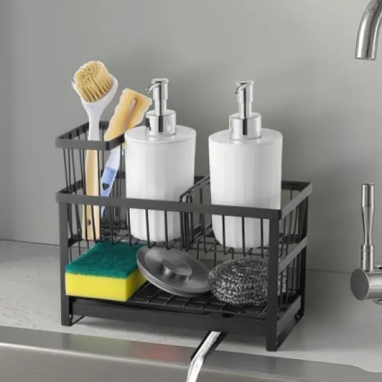 VEVOR Kitchen Sink Caddy Organizer, 2 Tier Sponge Holder for Kitchen Sink with High Brush Holder & Divider, Black image {1}