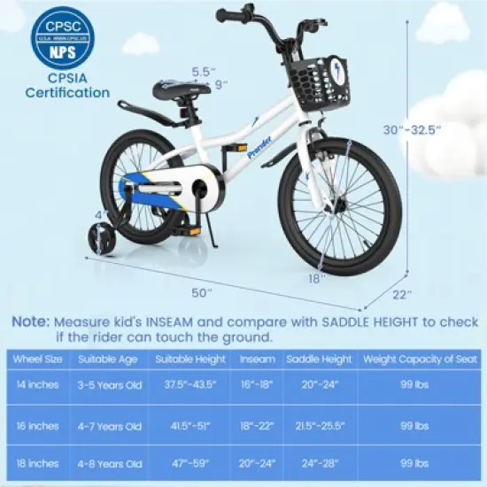 Costway 18'' Kid's Bike with Removable Training Wheels & Basket for 4-8 Years Old  White/Blue/Red/Skyblue image {8}
