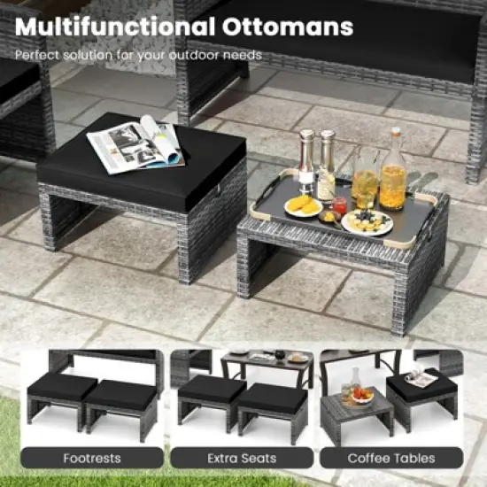 Tangkula 2 Pieces Patio PE Rattan Ottomans with Soft Zippered Cushions for Deck Frame image {6}