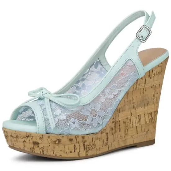 Allegra K Women's Wood Platform Heels Bow Lace Wedge Sandals image {12}