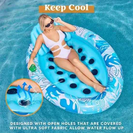 Joyfy Pool Floats Lounger, Inflatable Pool Floaties for Adults Floaty Chair with Cup Holders & Backrest for Tanning Water Party, Tropical Leaves image {5}