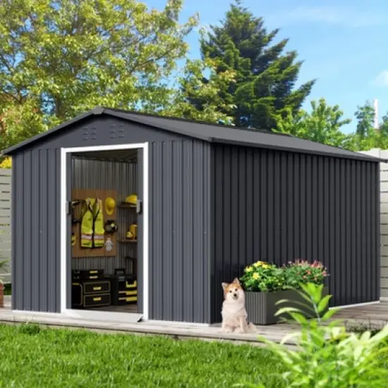 TROPOW 8x15 FT Outdoor Storage Shed, Metal Garden Shed with Lockable Door, and Sloped Roof, Utility Metal Tool Storage Sheds for Backyard, Gray image {7}
