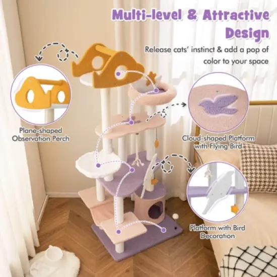 Costway Cat Tree Cats Multi-level Cat Tower w/ Sisal Covered Scratching Posts, Hammock image {5}