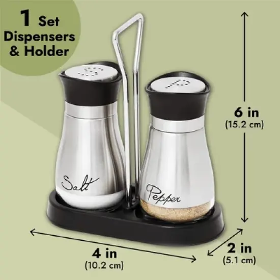 Juvale 3 Piece Salt and Pepper Shakers Set with Holder, Unique Stainless Steel and Glass Dispensers for Kitchen Accessories (4oz) image {7}