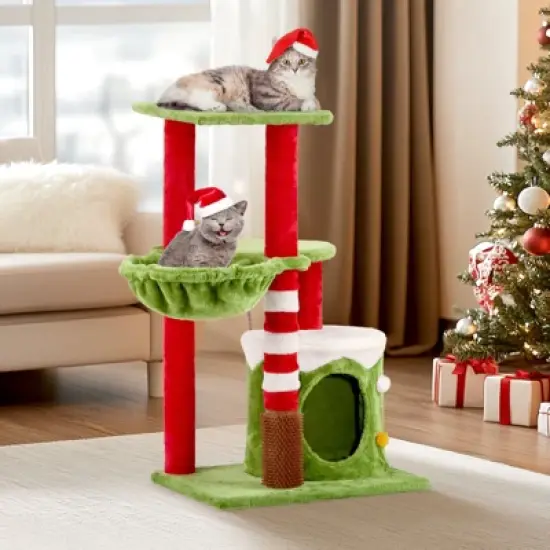 phiestina 32in Cat Scratching Posts Tower, Christmas Themed Plush Cat Tree with Hammock, Cat Massage Brush, Activity Center for Indoor Cats image {9}