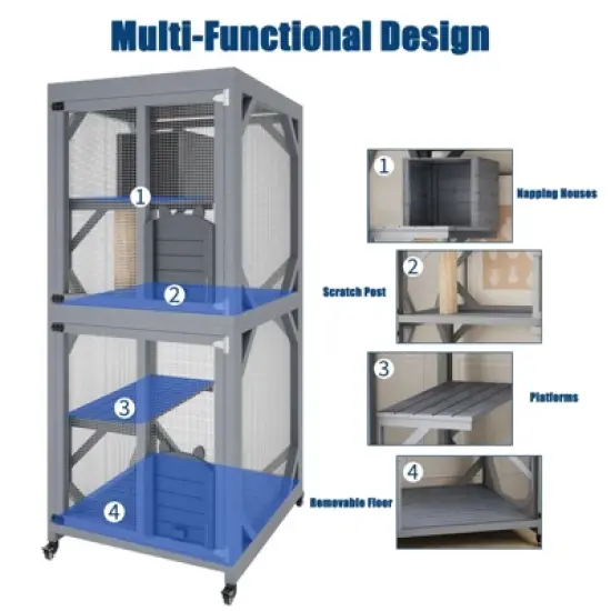 Outdoor Cat Enclosure - 4 Tiers on Wheels with Weatherproof Roof, Platforms, Resting Box, Scratch Post (68'' Window Catios) image {2}