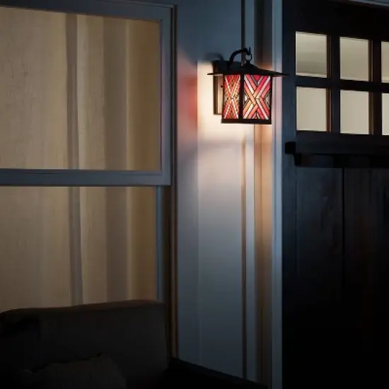 11.75" Stained Glass 1-Light Geometric Bronze Outdoor Lantern Wall Sconce - River of Goods image {3}