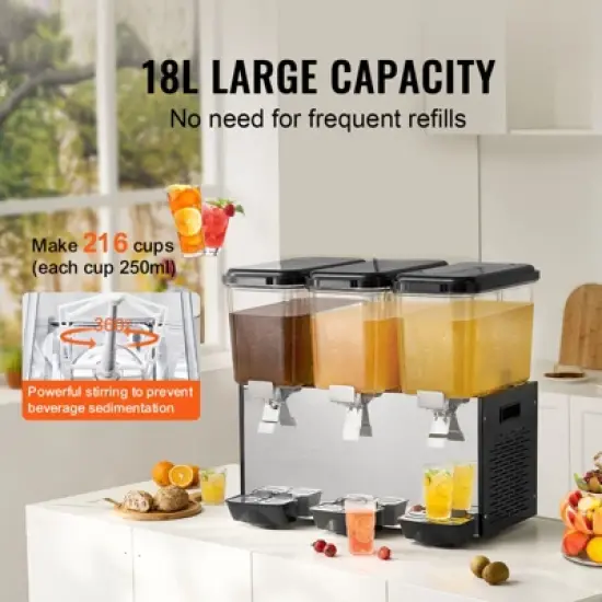 VEVOR Commercial Beverage Dispenser, 3 Tanks 18 L / 19 QT Per Tank Juice Dispenser, 512W Stainless Steel Ice Tea Drink Machine image {2}
