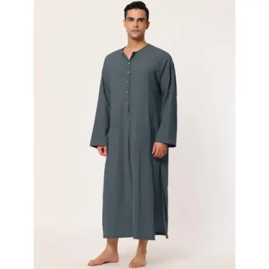 Lars Amadeus Men's Night Sleep Cotton Side Split Long Gown with Pockets image {2}