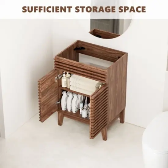ROOMTEC 24 in. Bathroom Vanity, Mid-Century Cabinet with 2 Soft-Close Doors, Freestanding, Wood Grain Laminate, Walnut (Sink Not Included) image {3}