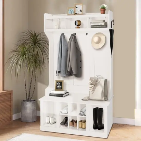 Multi-Functional Coat Rack with Shoe Storage and Nightstand, Sturdy Wood Entryway Organizer for Small Spaces image {8}