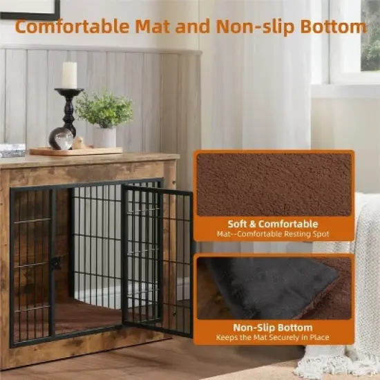 DSVIMOY Dog Crate Furniture with Cushion, 32" Dog Kennel with Double Door for Large Dogs, Brown, 32.48"*22.05"*25.2" image {4}