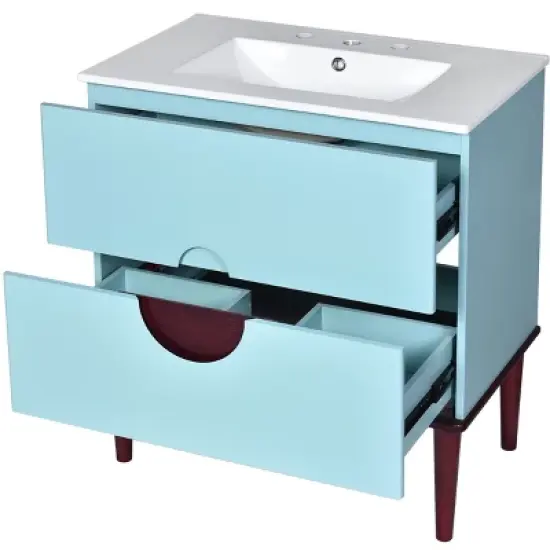 30'' Bathroom Vanity with Ceramic Sink, Solid Wood Frame Modern Bathroom Storage Cabinet with 2 Soft-Close Drawers, Blue - ModernLuxe image {8}