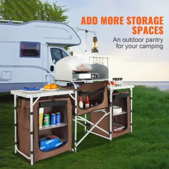 VEVOR Camping Kitchen Table, Folding Outdoor Cooking Table with Storage Carrying Bag, Aluminum Cook Station 3 Cupboard & Detachable Windscreen image {2}
