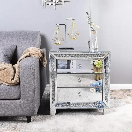 VINGLI Mirrored Nightstand Glass End Table, 23" W Silver Night Stand for Bedroom, Mirrored Bedside Table with Storage, Glass Mirror Nightstand image {8}