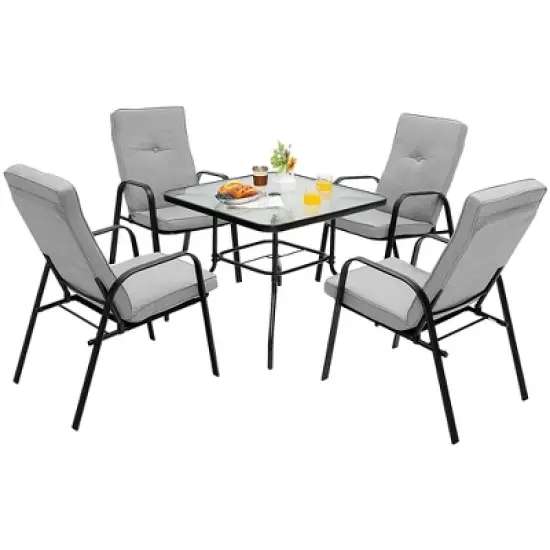 Costway Patiojoy 5pcs Patio Dining Set 4 Stackable Chairs Cushioned Square Glass Table image {2}