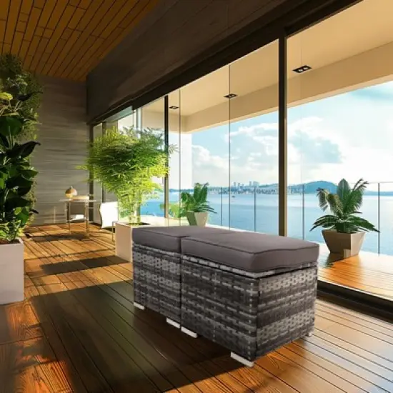 FIONECA All-Weather Outdoor Ottoman with Storage &uml;C PE Wicker Patio Footstool, Gray image {1}