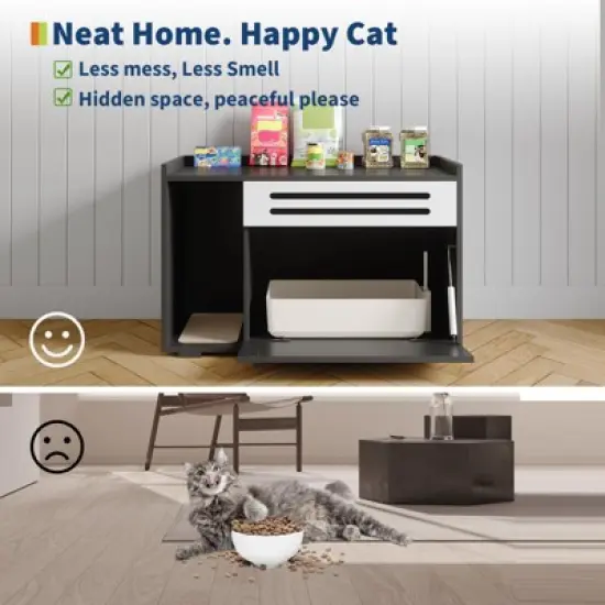 Cat Litter Box Enclosure, Hidden Litter Box Furniture, Dog Proof Hideaway Kitty Flip-down Opening Litter Box Cabinet, Indoor Wooden Cat Washroom image {3}
