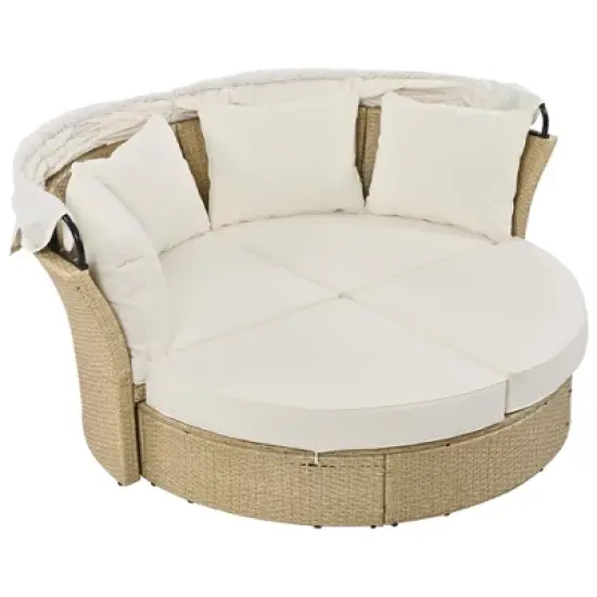 57" Outdoor Patio PE Rattan Round Daybed Sunbed with Retractable Canopy and 4 Pillows image {15}