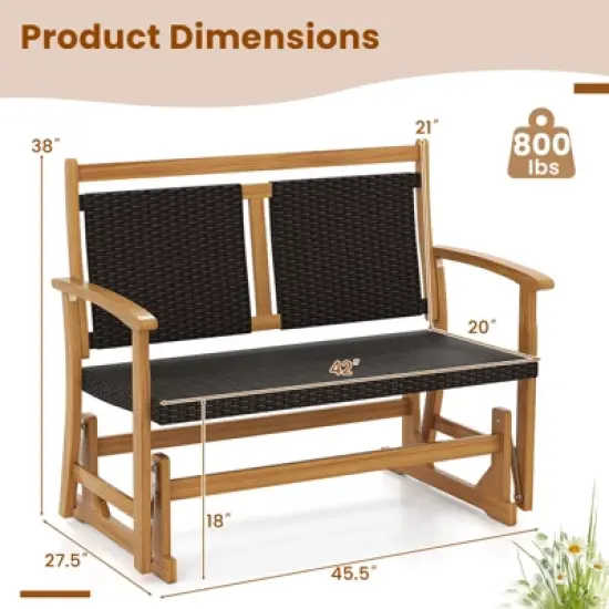 Tangkula Patio Rattan Glider Bench Swing Gliding Rocker for 2 w/ Acacia Wood Frame image {8}