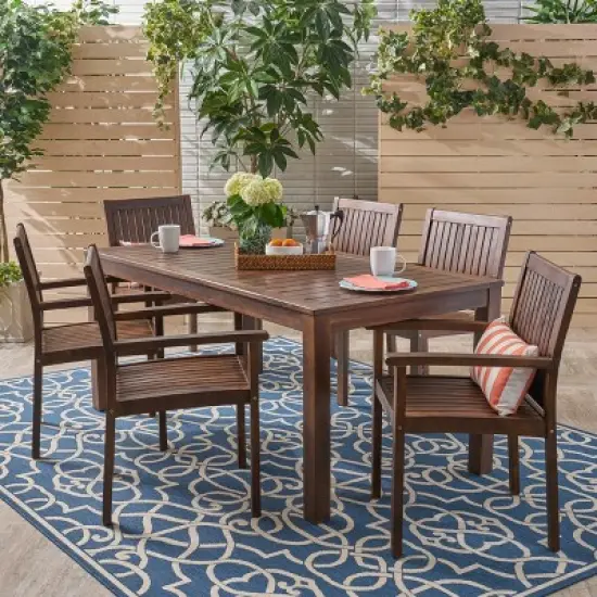 Fallon 7pc Acacia Wood Patio Dining Set: Weather-Resistant, 6 Arm Chairs - Christopher Knight Home image {6}