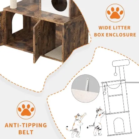 55'' Cat Tree Tower with Hidden Litter Box Enclosure, Cat Condo with Hammock, Scratching Post, Teaser Toys, Modern Furniture, Rustic Brown/Grey image {2}