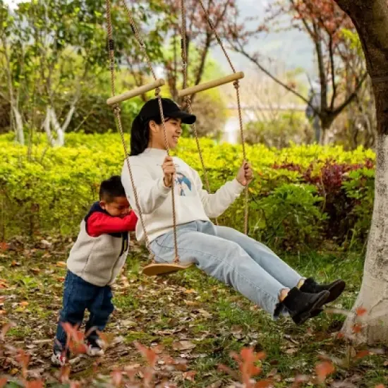 PLAYBERG Natural Wooden Outdoor Patio Playground Kids Hanging Adjustable Stand Up Skateboard Swing, Tree Curved Swing Board image {1}